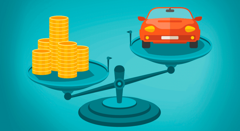 balança com dinheiro e carro ilustrando o impacto de veiculo no orçamento