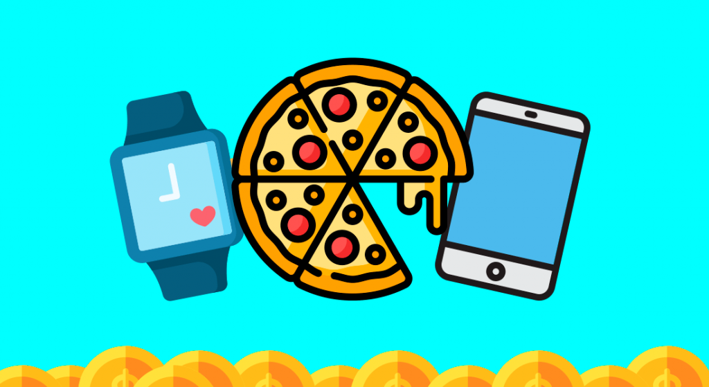 imagem de smartwatch, pizza e iphone ilustrando estilo de vida consumista